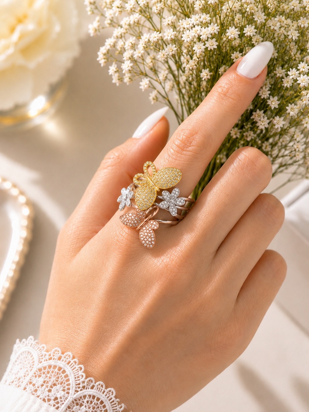 NWT Sterling Silver CZ Butterfly Flower Statement Ring Tri-Tone Size 7